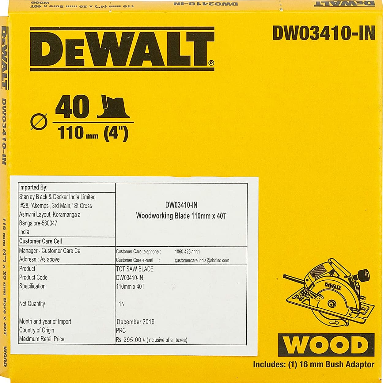Dewalt 4 inch / 110 mm TCT Circular Saw Blade For Cutting MDF Plywood & Laminated Wood (40 Teeth), DW03410-IN