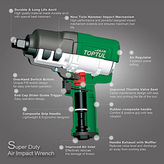 Toptul 3/4 inch Super Duty Air Impact Wrench (Max. Torque 1300 Ft-Lb), KAAJ2413