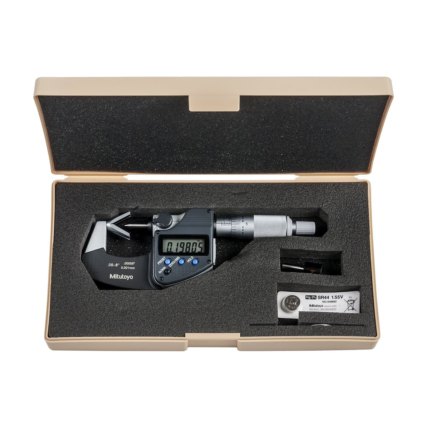 Mitutoyo 0.05 - 0.6 inch Digital V-Anvil Micrometer with Groove (3 Flute), 314-351-30