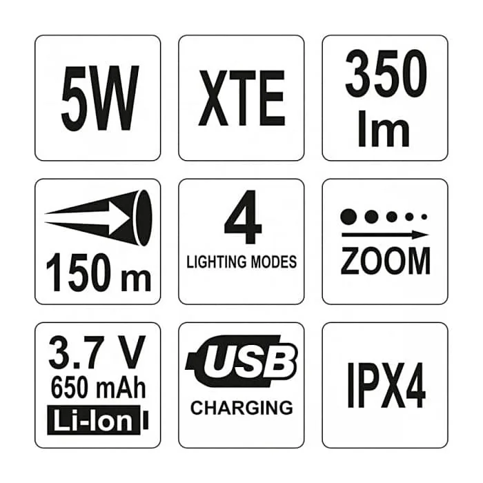 Yato 5W XT-E Cree Rechargable Flashlight (With USB Port), YT-08569