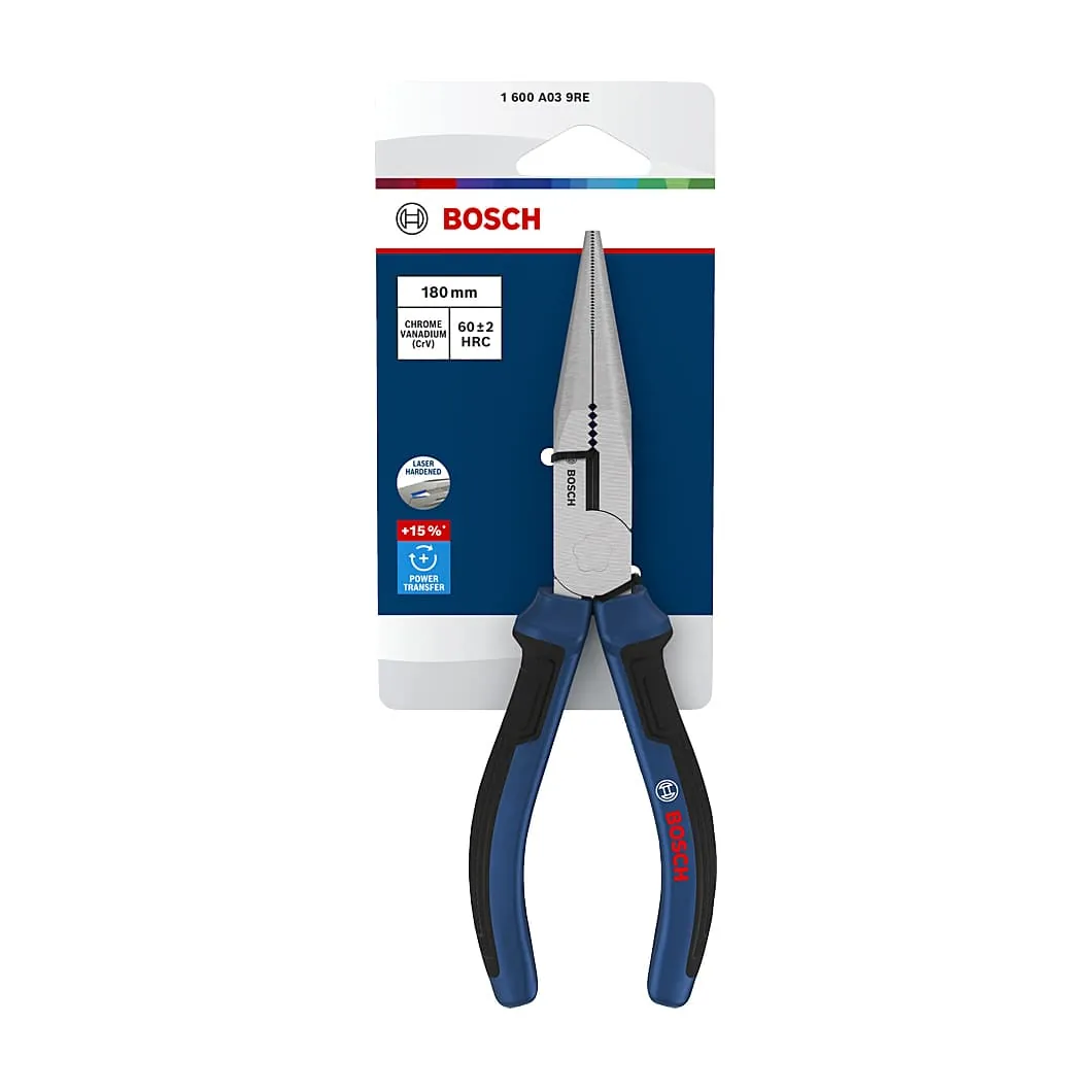 Bosch 7 inch / 180 mm Long Nose Plier with Multi-component Handle, 1 600 A03 9RE
