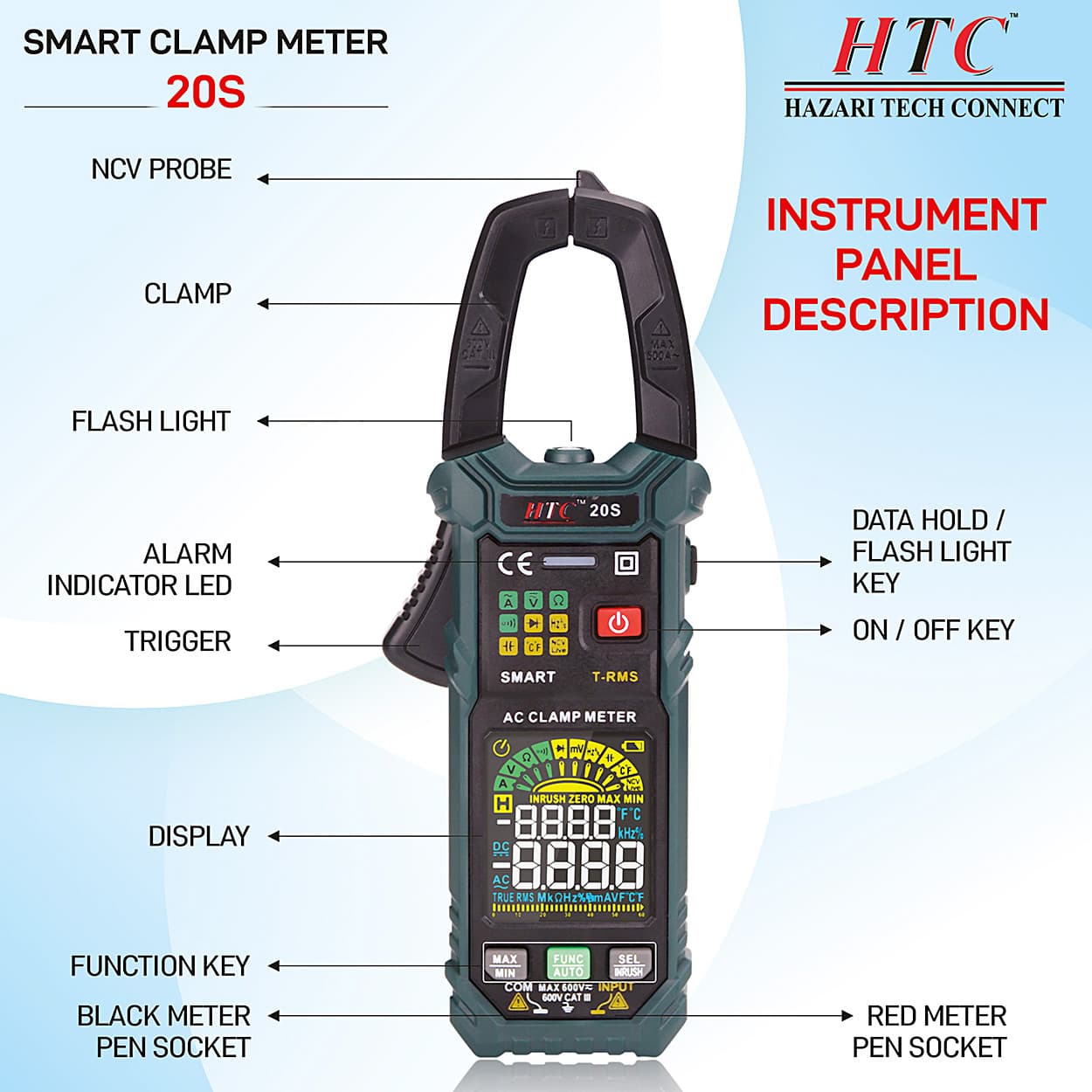 HTC 3-3/4 Digit / 6000 Counts AC Smart Clamp Meter, 20-S