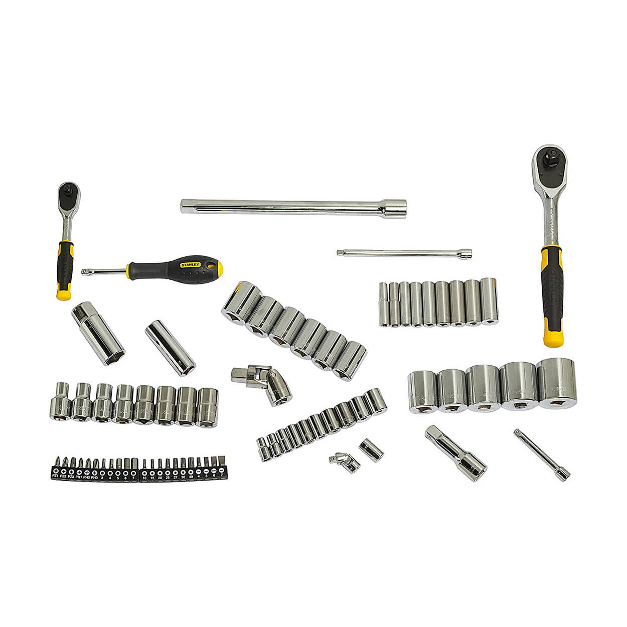 Stanley 72 Pcs 1/4 & 1/2 Inch Sq. Drive Chrome Socket Set, STMT82831-1-12