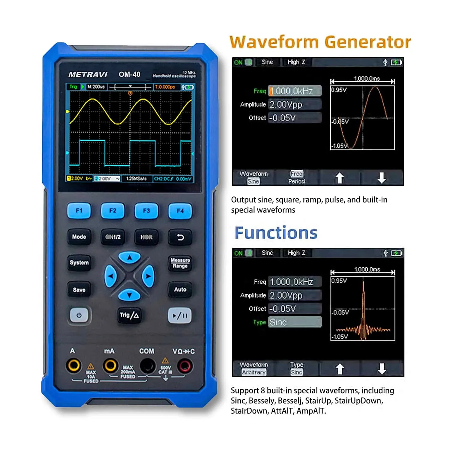 Metravi 40MHz / 250MSa/s Dual Channel Digital Handheld Oscilloscope, OM-40