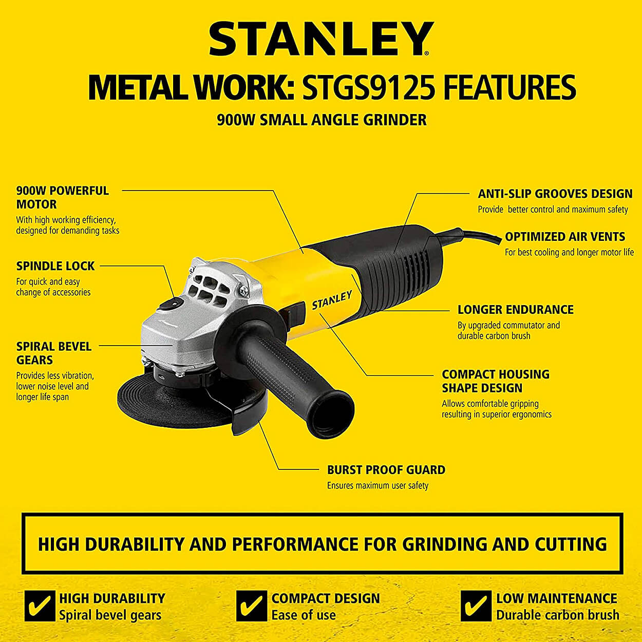 Stanley 125mm / 5 inch, 900W Small Angle Grinder, STGS9125-IN