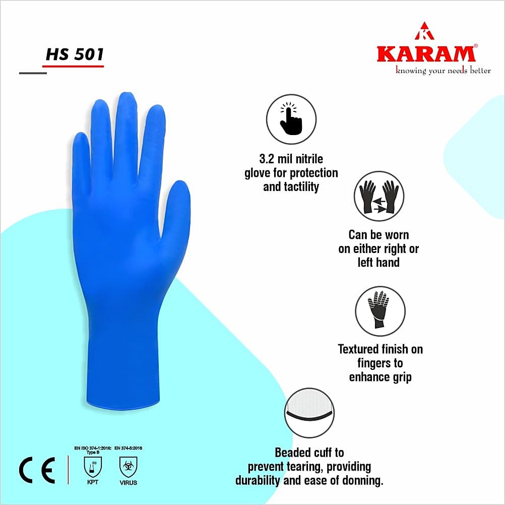 Karam 3.2 Mil Powder Free Disposable Nitrile Gloves (50 Pairs), HS501