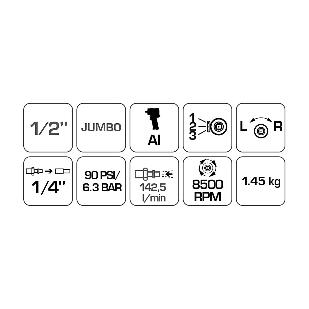 Hogert 1/2 inch Pneumatic Mini Impact Wrench (Max. Torque 1000 Nm), HT4R621