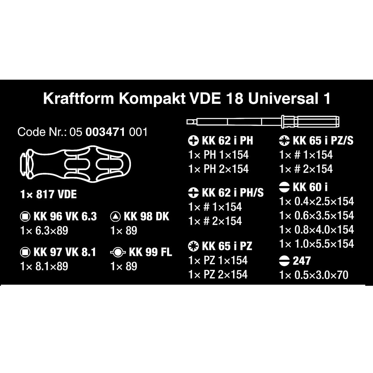 Wera 18 Pcs Kraftform Kompakt VDE 18 Universal 1, 05003471001