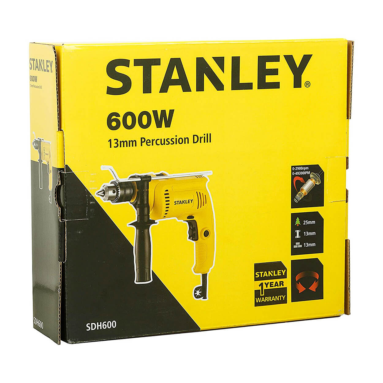 Stanley 13mm 600W Impact Hammer Drill Machine For Drilling Wood, Steel & Masonry, SDH600-IN