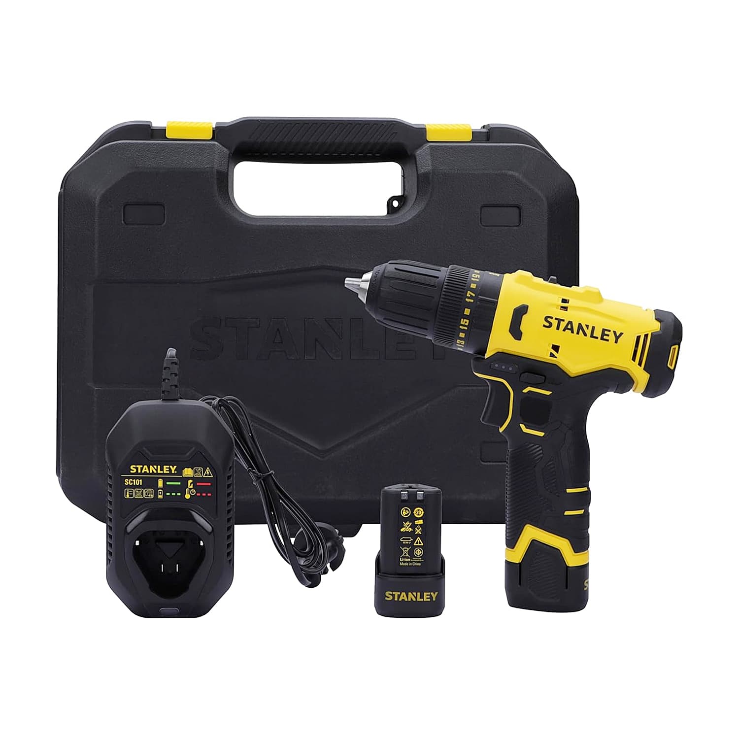 Stanley 12V / 2.0 Ah / 10 mm Brushed Cordless Hammer Drill Driver with 2 Batteries & Charger, SCH10D2K