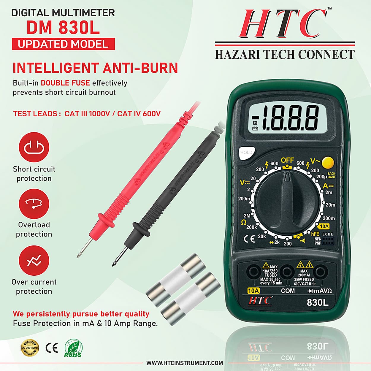 HTC 3-1/2 Digit / 1999 Count Digital Manual Multimeter With Backlight, DM-830L