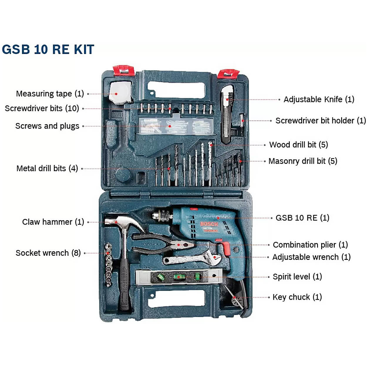 Bosch 10mm 500W Professional Impact Drill With 100 pcs Power & Hand Tool Kit, GSB 10 RE KIT