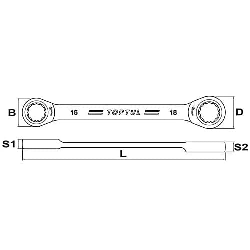 Toptul 8 x 9 mm Pro - Series Ratchet Double Ring Wrench (72 Teeth Ratchet Mechanism), AEAR0809