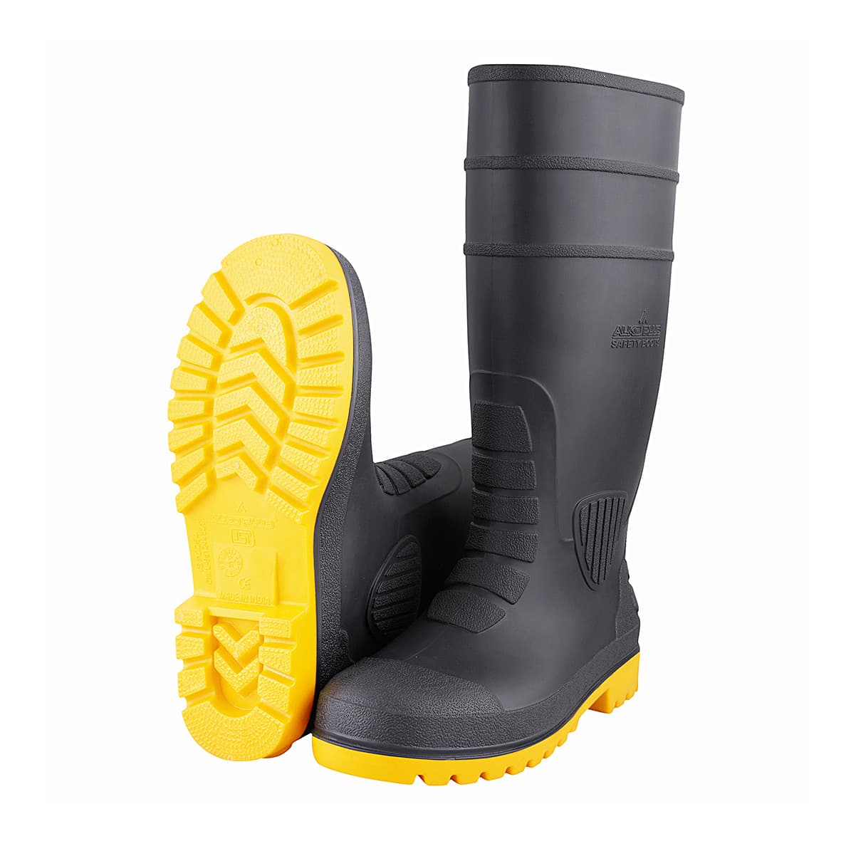 Alko Plus 15 inch PVC Gumboot with Cotton Lining & Steel Toe (Black & Yellow), APS G7