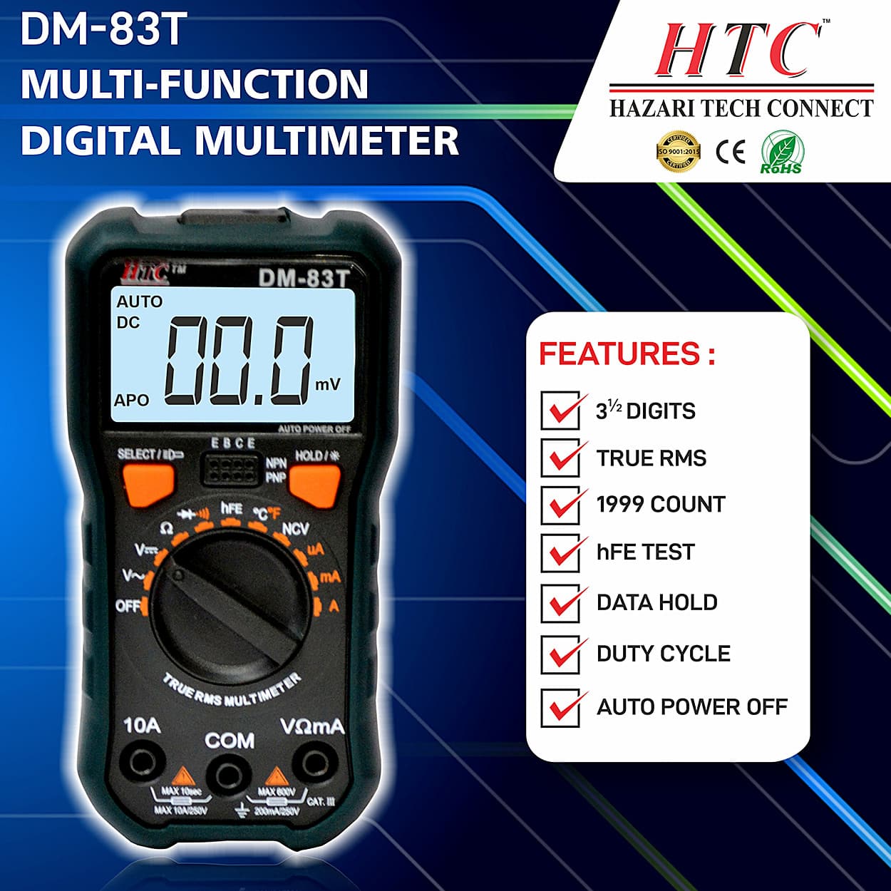 HTC 3-1/2 Digit / 1999 Count True RMS Digital Multimeter With Backlight & Torch Function, DM-83T
