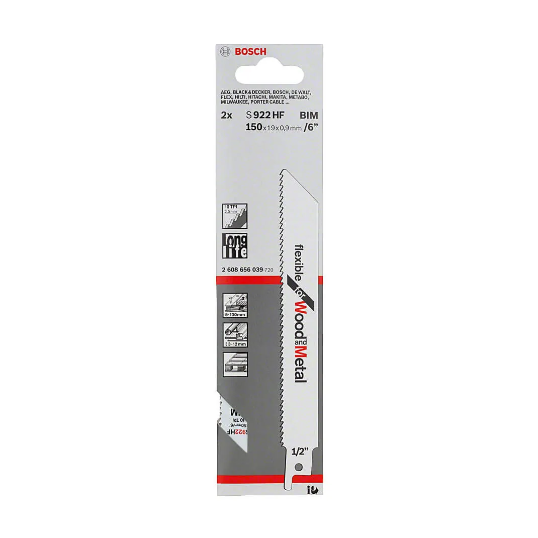 Bosch 150 mm Reciprocating Saw Blades Flexible For Wood & Metal (S 922 HF), 2 608 656 039
