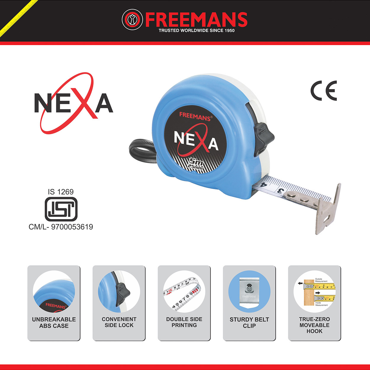 Freemans 7.5Mtr x 25mm Nexa Steel Tape With Belt Clip, NX7525