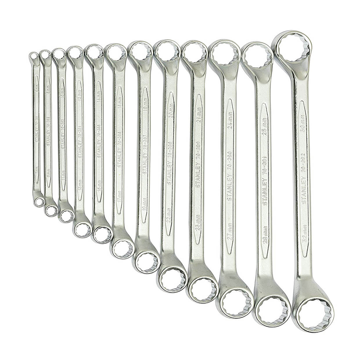 Stanley 12 Pcs, Chrome Matte Finish Shallow Offset BI-HX Ring Spanner Set, 70-395E