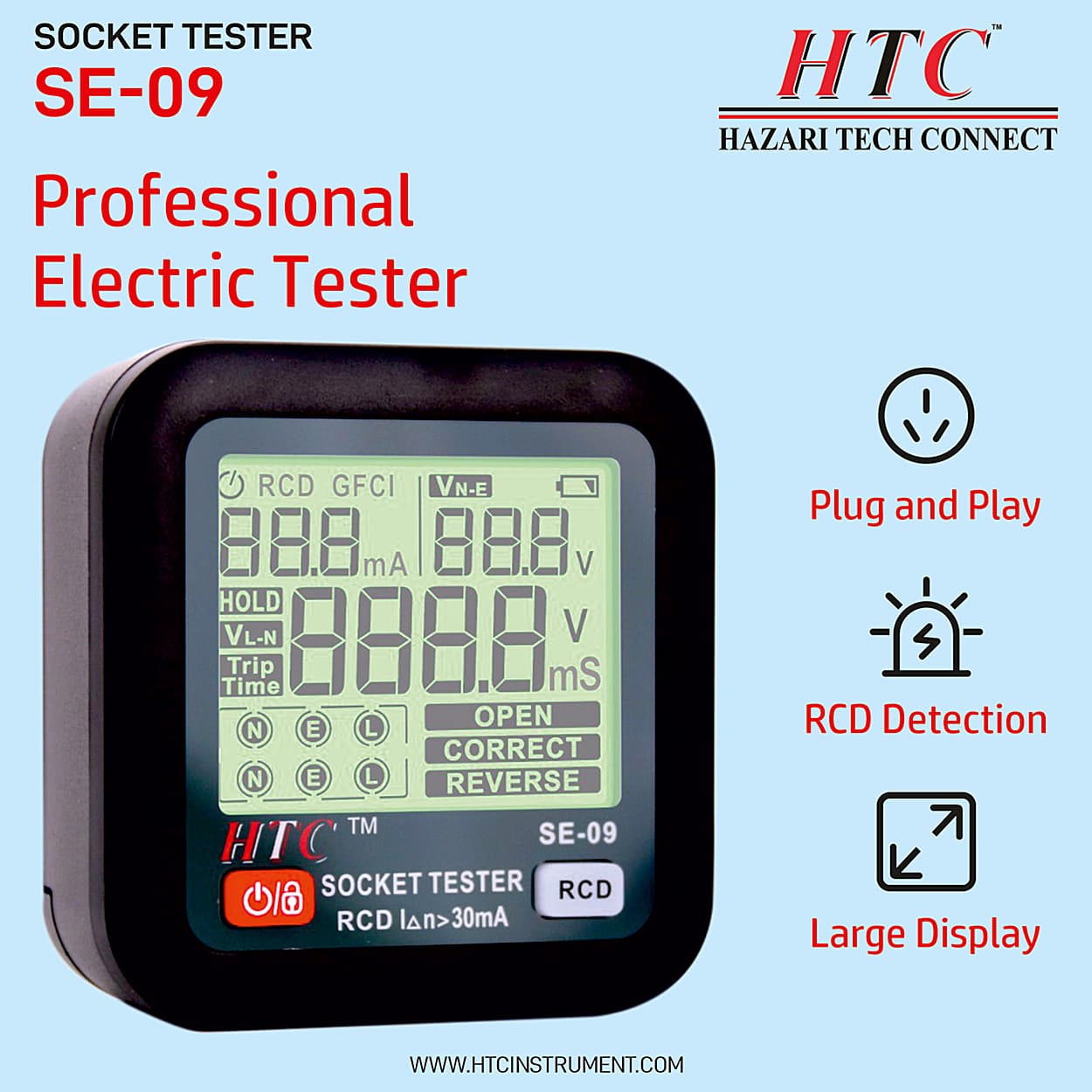 HTC AC 30 - 260V / 45 - 65Hz Socket Tester, SE-09