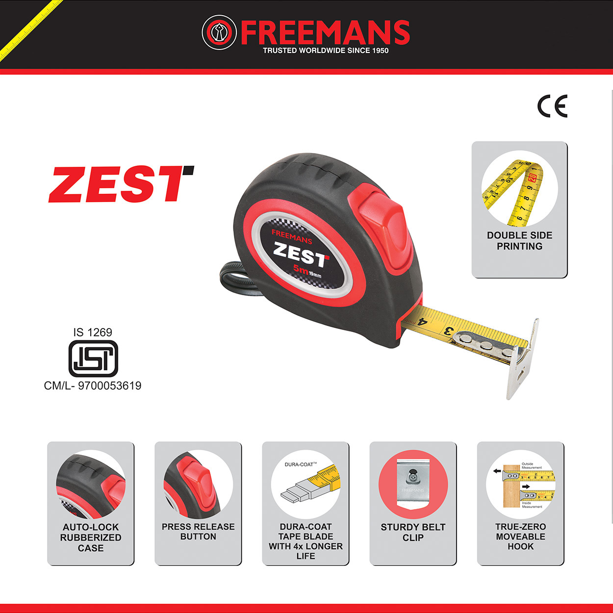 Freemans 8Mtr x 25mm Zest Steel Tape With Belt Clip, ZT825