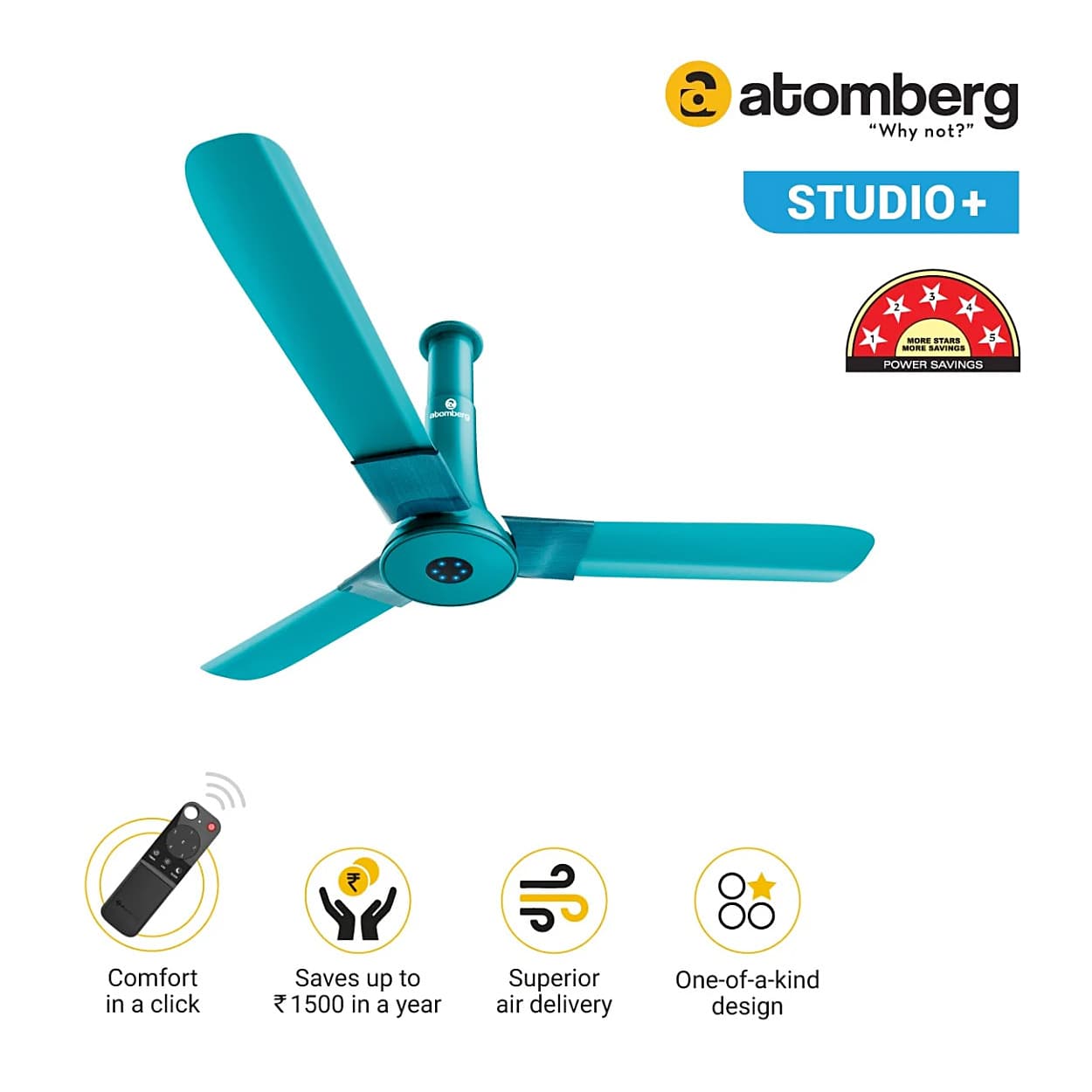 Atomberg Studio+ 1200 mm Energy Saving Ceiling Fan with BLDC Motor (Aegean Blue)