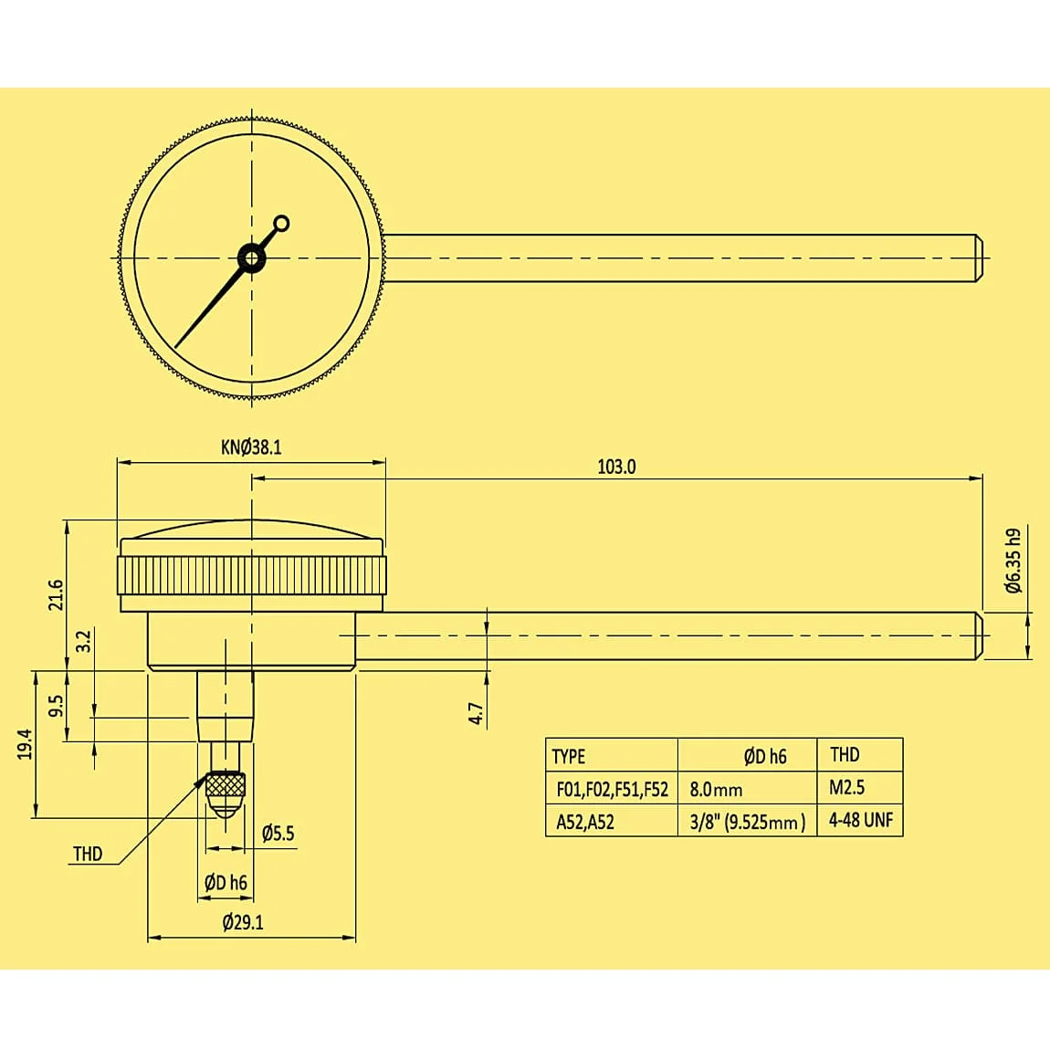 Baker 0.1 inch Back Side Plunger Dial Gauge (Model 38), F52