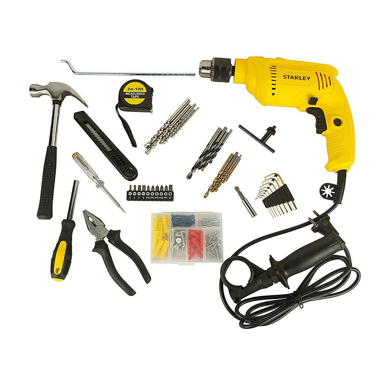 Stanley 13 mm / 600W Hammer Drill Machine & Hand Tools Kit For Home, DIY & Professional Use (120-Pieces), SDH600KP