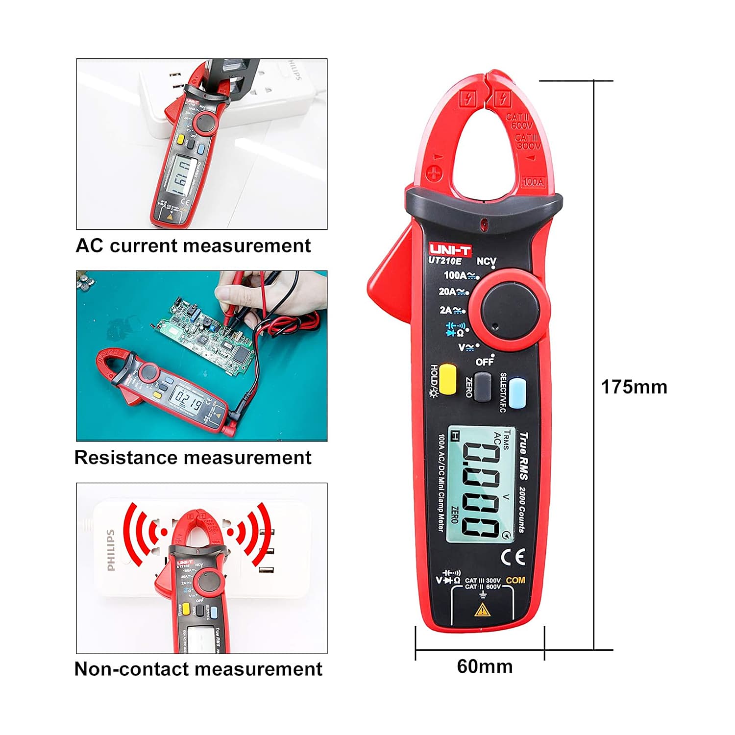 UNI-T 2000 Count / 100A AC/DC TRMS Digital Mini Clamp Meter, UT210E