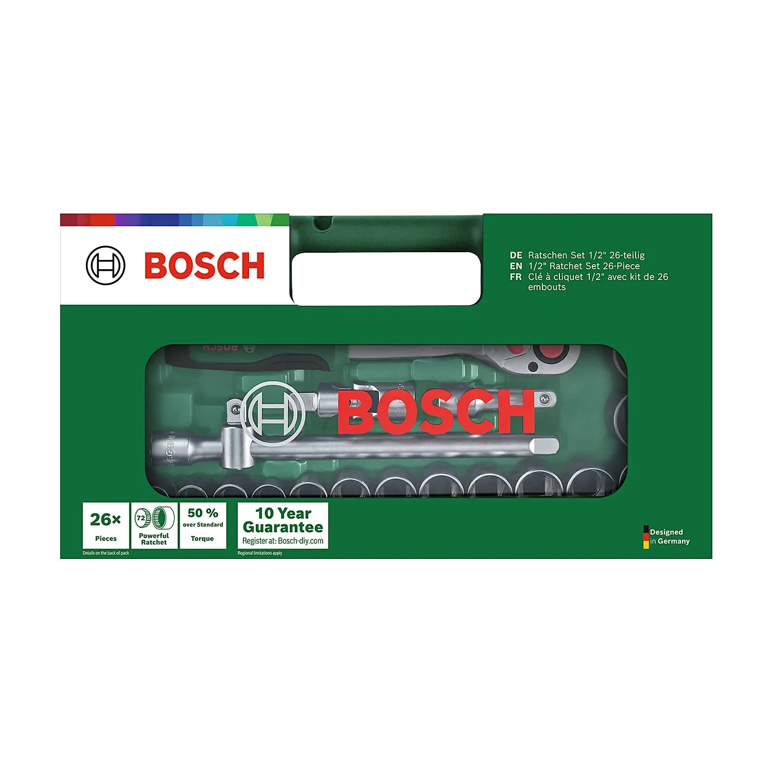 Bosch 26 Pcs Ratchet & Socket Set (1/2 inch Sq. Drive), 1 600 A03 9J7
