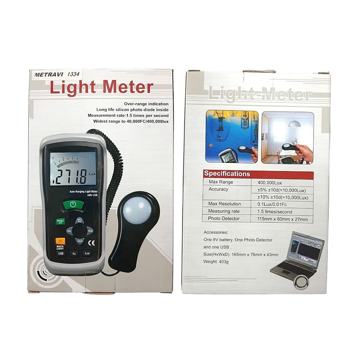 Metravi 0 - 30000 FC Auto-Ranging Digital Lux Meter With USB PC Interface (Measures In Lux & In Foot Candle), 1333
