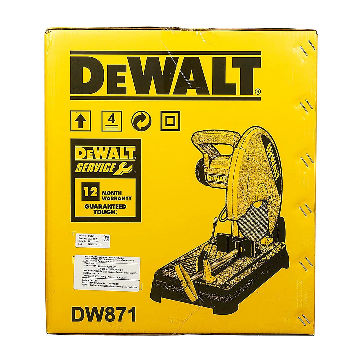Dewalt 355mm / 2200W Corded Electric Heavy Duty Chop Saw with Wheel Included, DW871-IN
