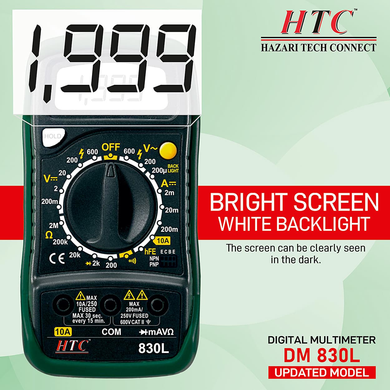 HTC 3-1/2 Digit / 1999 Count Digital Manual Multimeter With Backlight, DM-830L