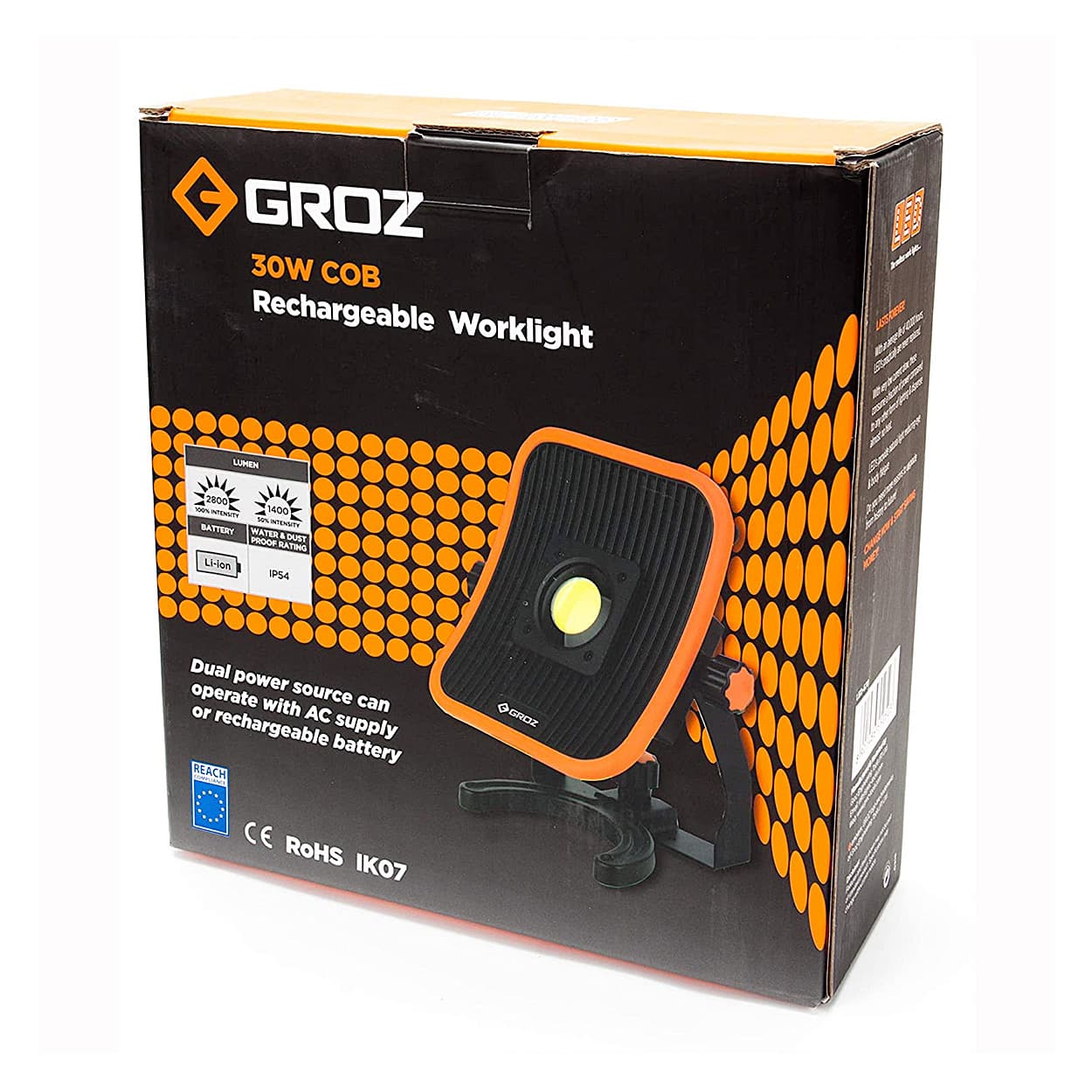 Groz 30W Dual Power LED COB Rechargeable Work Light With Magnetic Base, LED/670