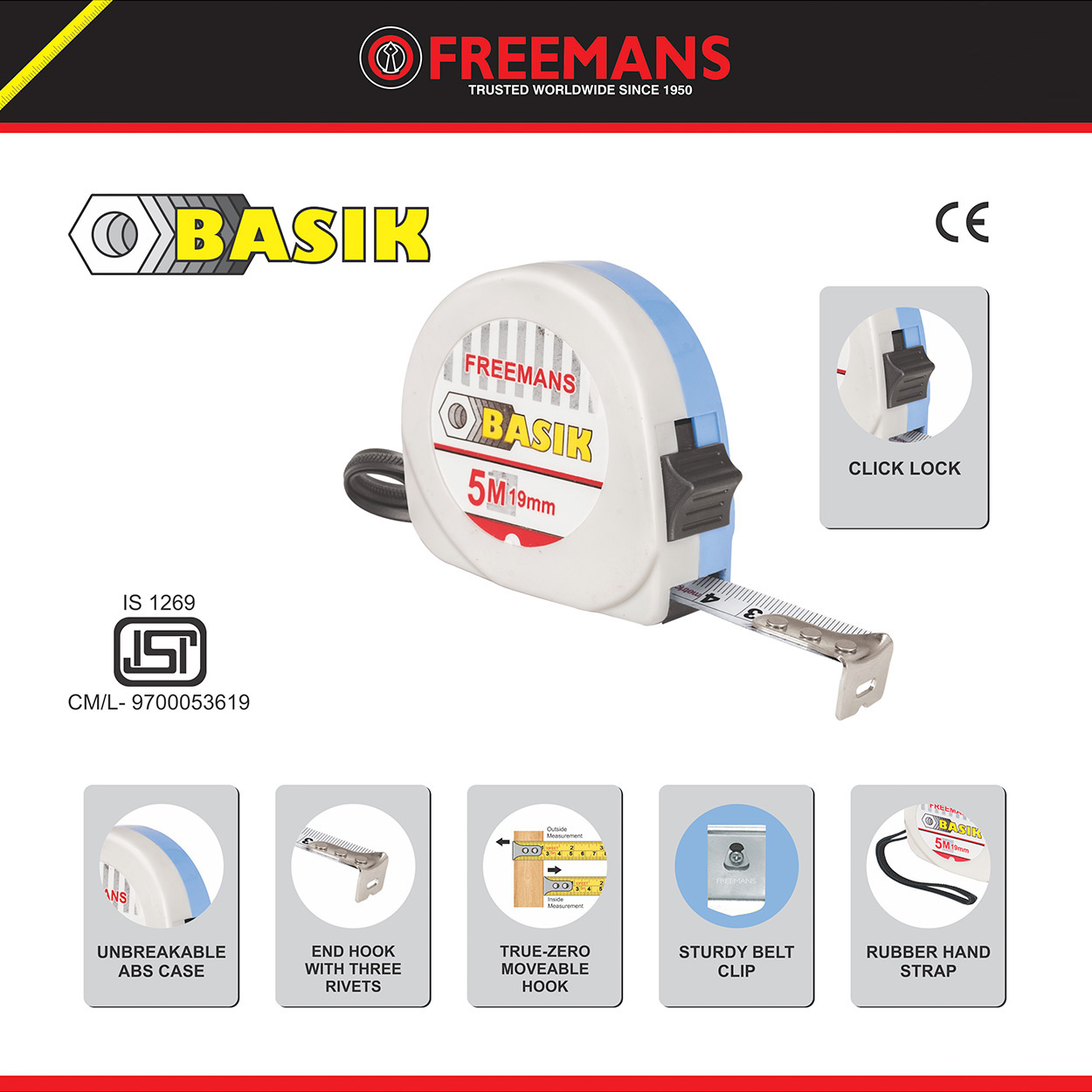 Freemans 10Mtr x 25mm Basik Steel Tape With Belt Clip & Lock, BKL1025
