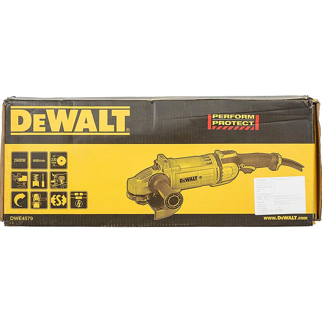 Dewalt 2600W / 230mm Large Angle Grinder with DES Techology & Innovative Anti Vibration System- Perform Protect Shield, DWE4579-QS