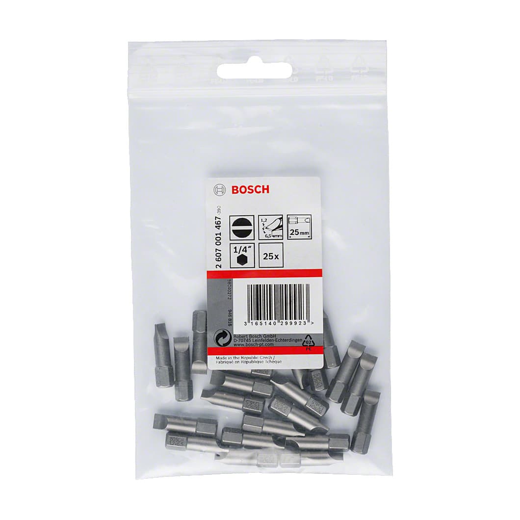 Bosch 25 mm (Length) / S1.2 x 6.5 mm (Blade Dia) Extra Hard Slotted Screwdriver Bits (Pack of 25 Pcs), 2 607 001 467