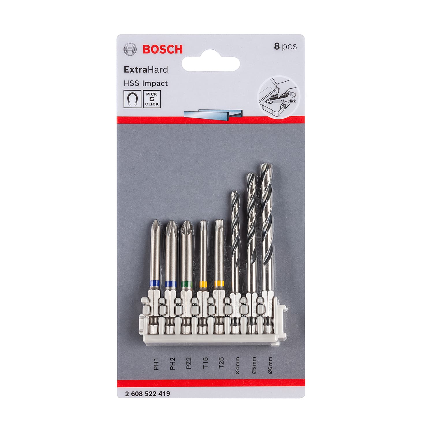 Bosch 8 Pcs Pick & Click Extra Hard Screwdriver Bits & HSS Impact Drill Bit Mixed Set, 2 608 522 419