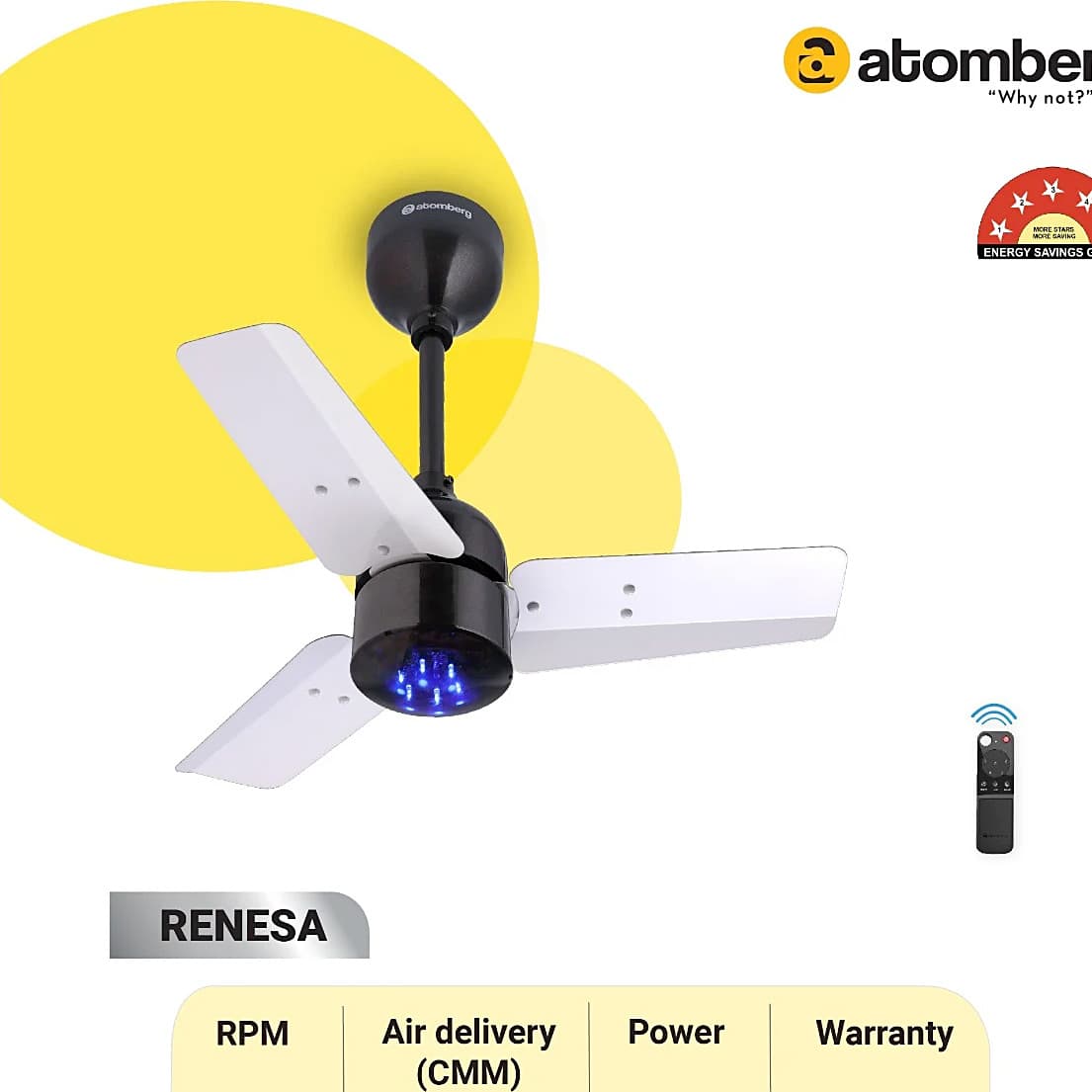 Atomberg Renesa 600 mm Energy Efficient Ceiling Fan With BLDC Motor & Remote (White & Black)