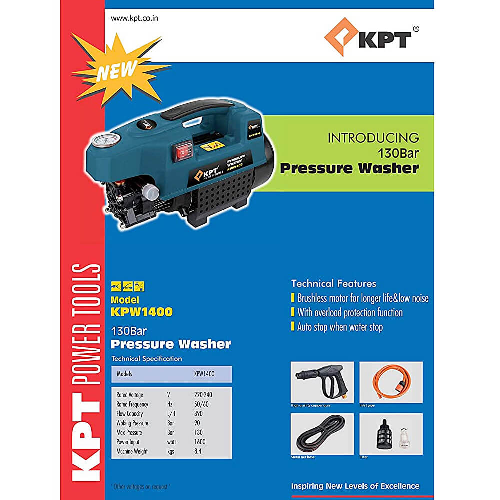 KPT Shakti 130 Bar 1600W Pressure Washer, KPW1400