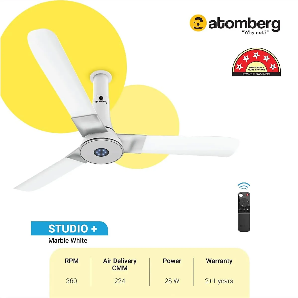 Atomberg Studio+ 1200 mm Energy Saving Ceiling Fan with BLDC Motor (White)