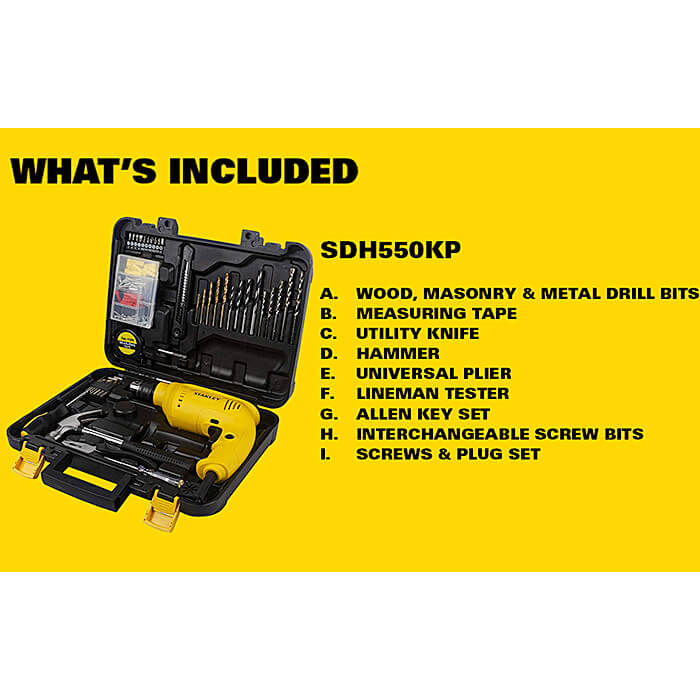 Stanley 10mm 550W Single Speed Hammer Drill & Hand Tools Kit For Home DIY & Professional Use (120 Pcs), SDH550KP-IN
