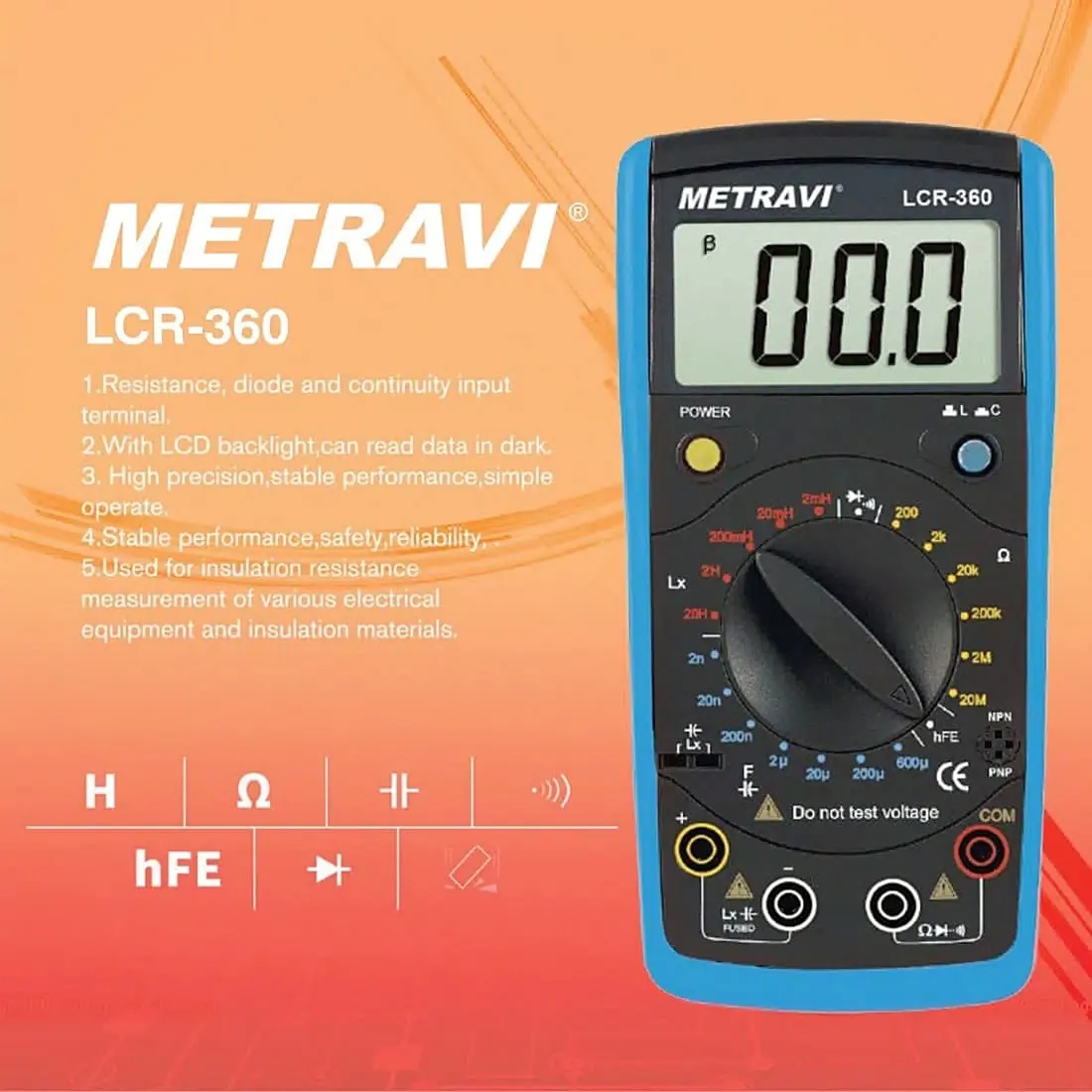 Metravi 3-1/2 Digits / 0.1 - 20M Ohms Hand Held Digital LCR Meter, LCR-360