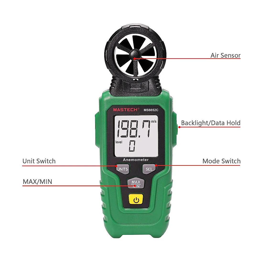 Mastech 0°C ~ 60°C Digital Anemometer, MS6652C