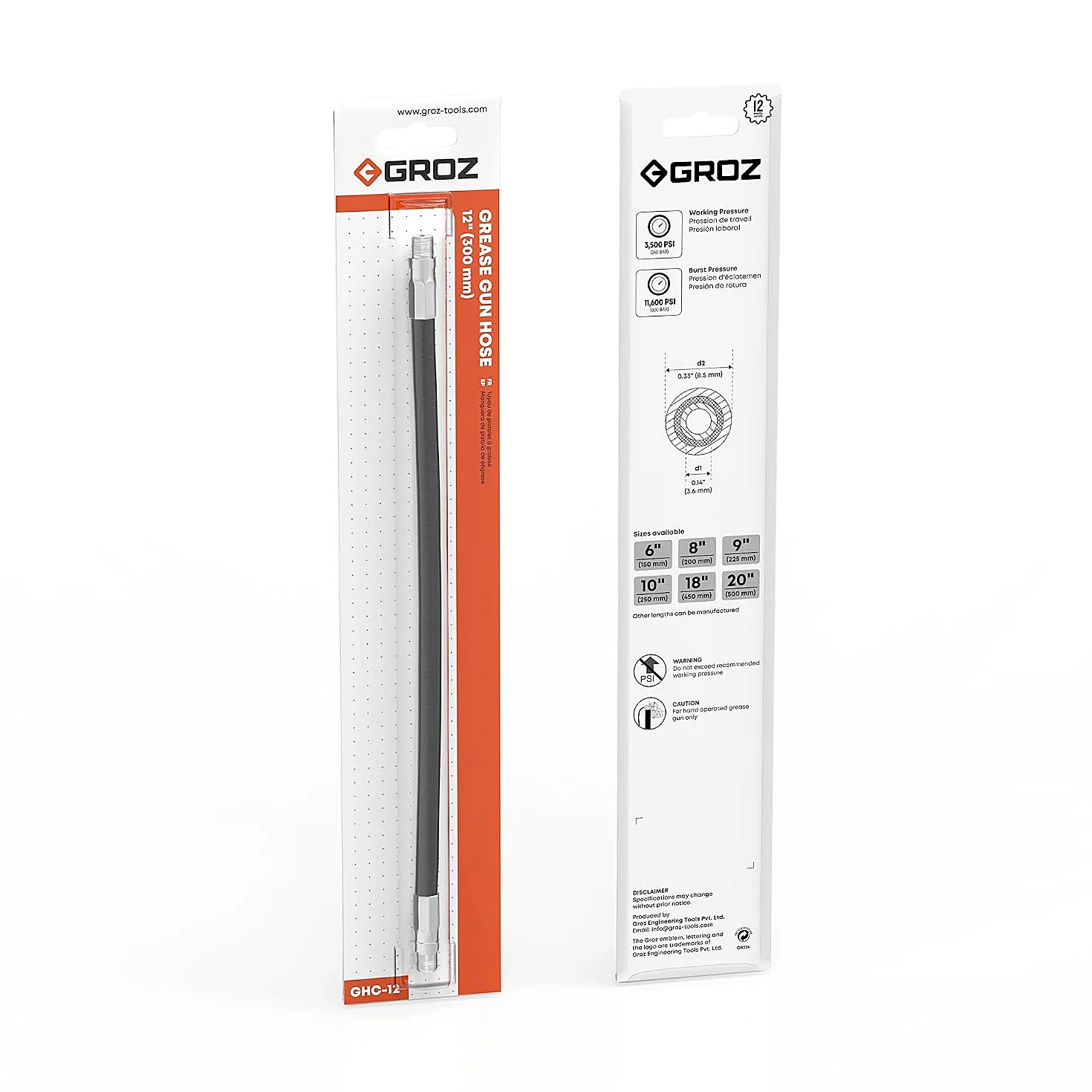 Groz 300 mm / 12 inch Flexible Grease Gun Hose With End Connections, GHC-12/B